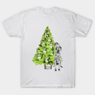 Great Dane Christmas Scene with Christmas tree and Santa hat. T-Shirt